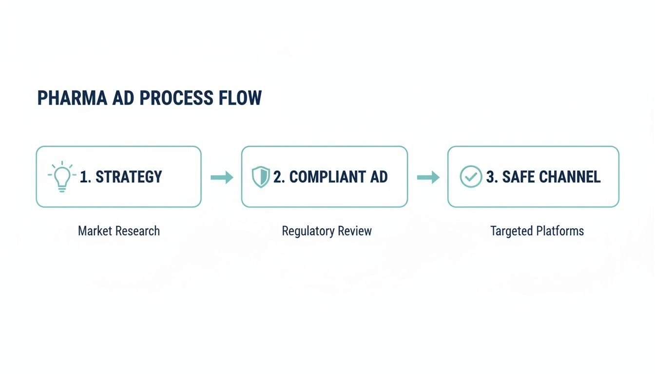 A flowchart illustrates the pharmaceutical advertising process, including strategy, compliant ad, and safe channel.