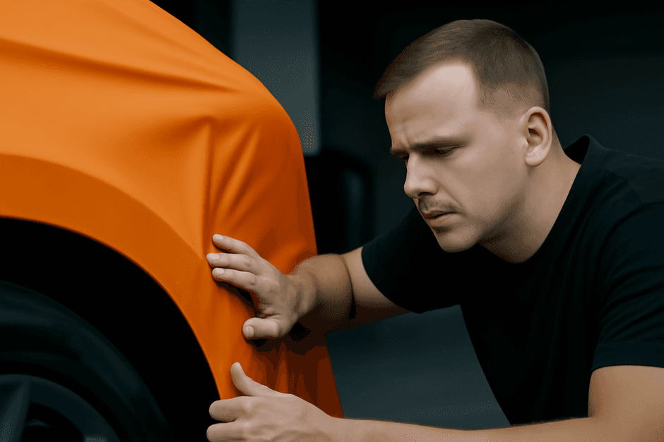 Fokussierter Techniker, der eine orange Vinylfolie in einer gut beleuchteten Garage anbringt