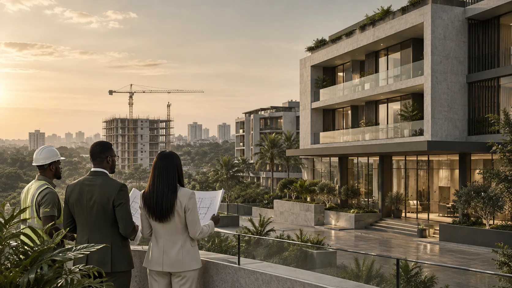 End to End Real Estate property development and construction project in Ghana with architects reviewing modern residential development plans