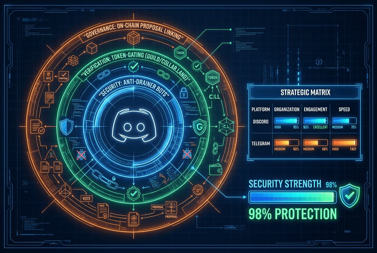 Web3 security stack diagram showing token-gating, anti-drainer bots, and on-chain governance layers for Discord community management.