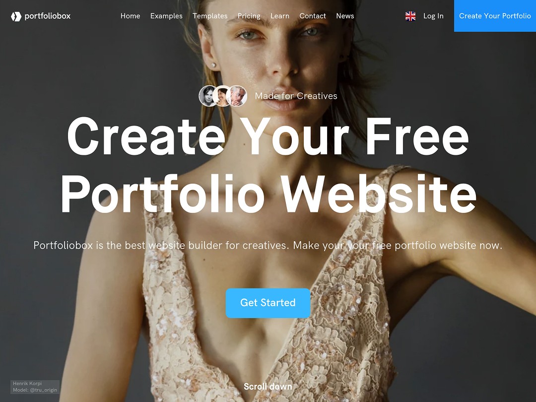 A person in a detailed lace dress is positioned at the center of a website landing page promoting a no-code portfolio builder, featuring a prominent call-to-action button and navigation bar, as part of Portfoliobox's offerings.
