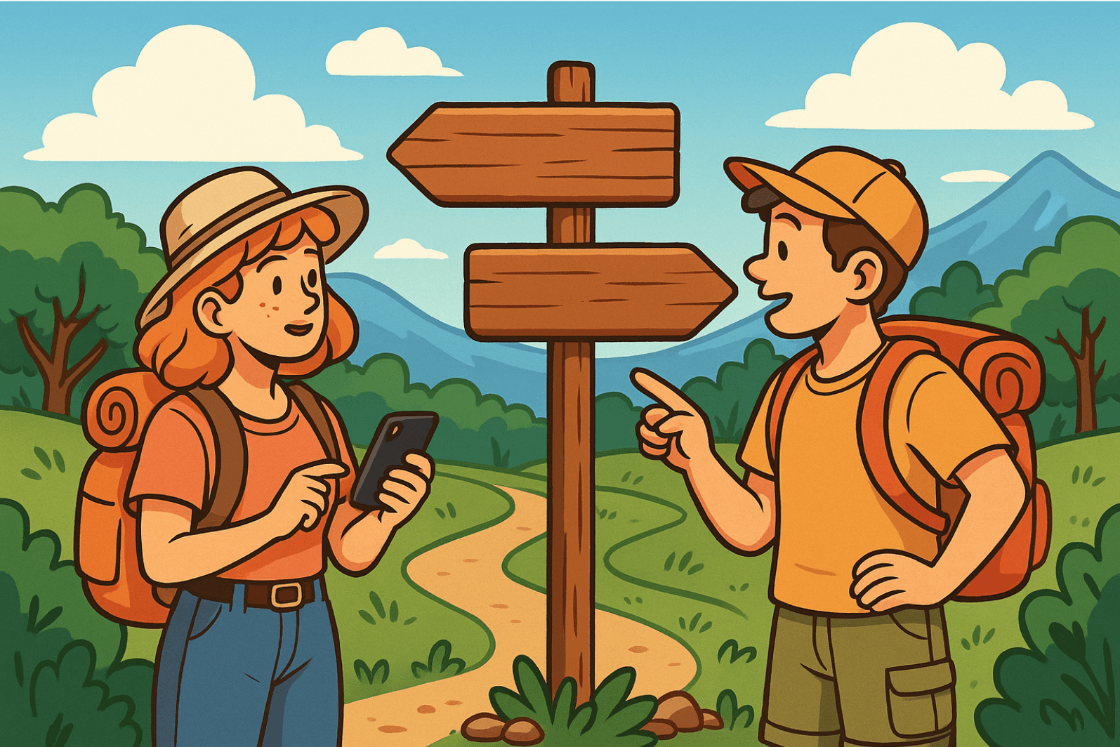 Cartoon of two adventurers at a trail signpost labeled “Seekr Games” and “Seeker Games” in a bright, outdoor setting.