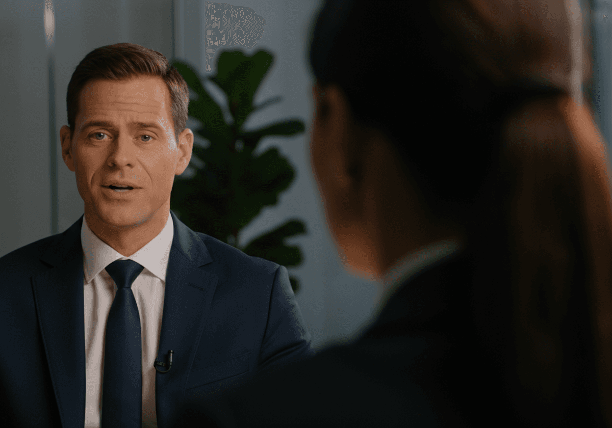 A professional man in a suit speaks to a woman in an office setting, with a plant in the background.