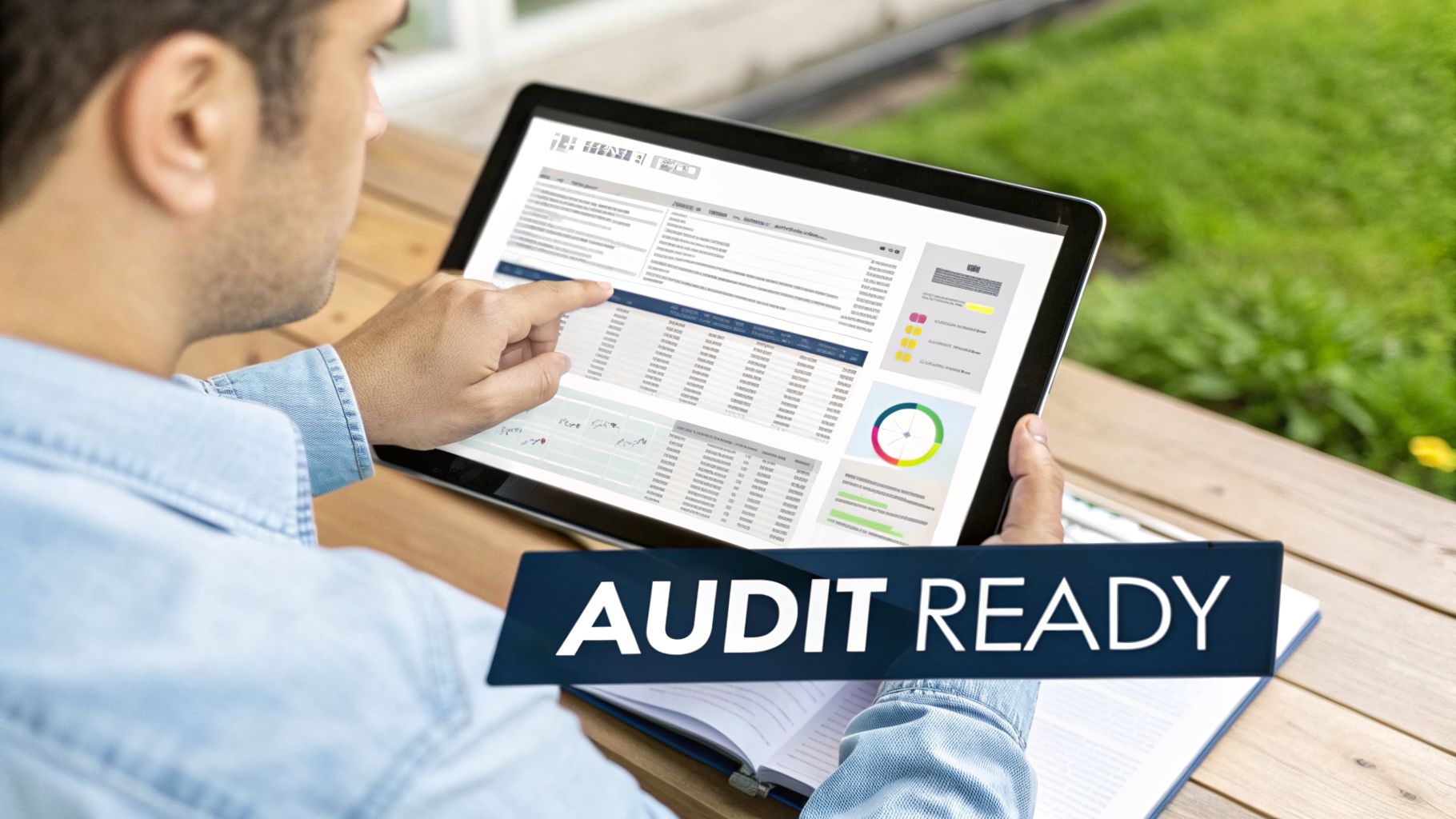 Person reviewing digital audit data on a tablet outdoors, with a banner saying 'Audit Ready'.