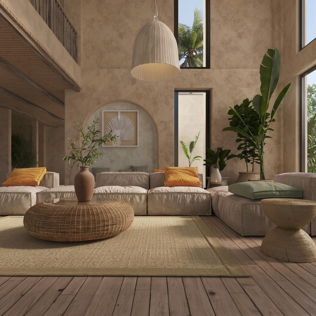 Warm, double-height living room with textured walls, low modular seating, a woven coffee table, and indoor plants.