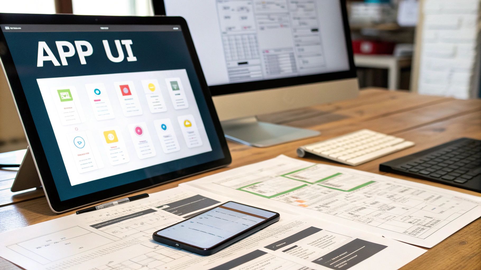 A professional workspace with a tablet displaying app UI designs, a monitor, smartphone, and development documents.