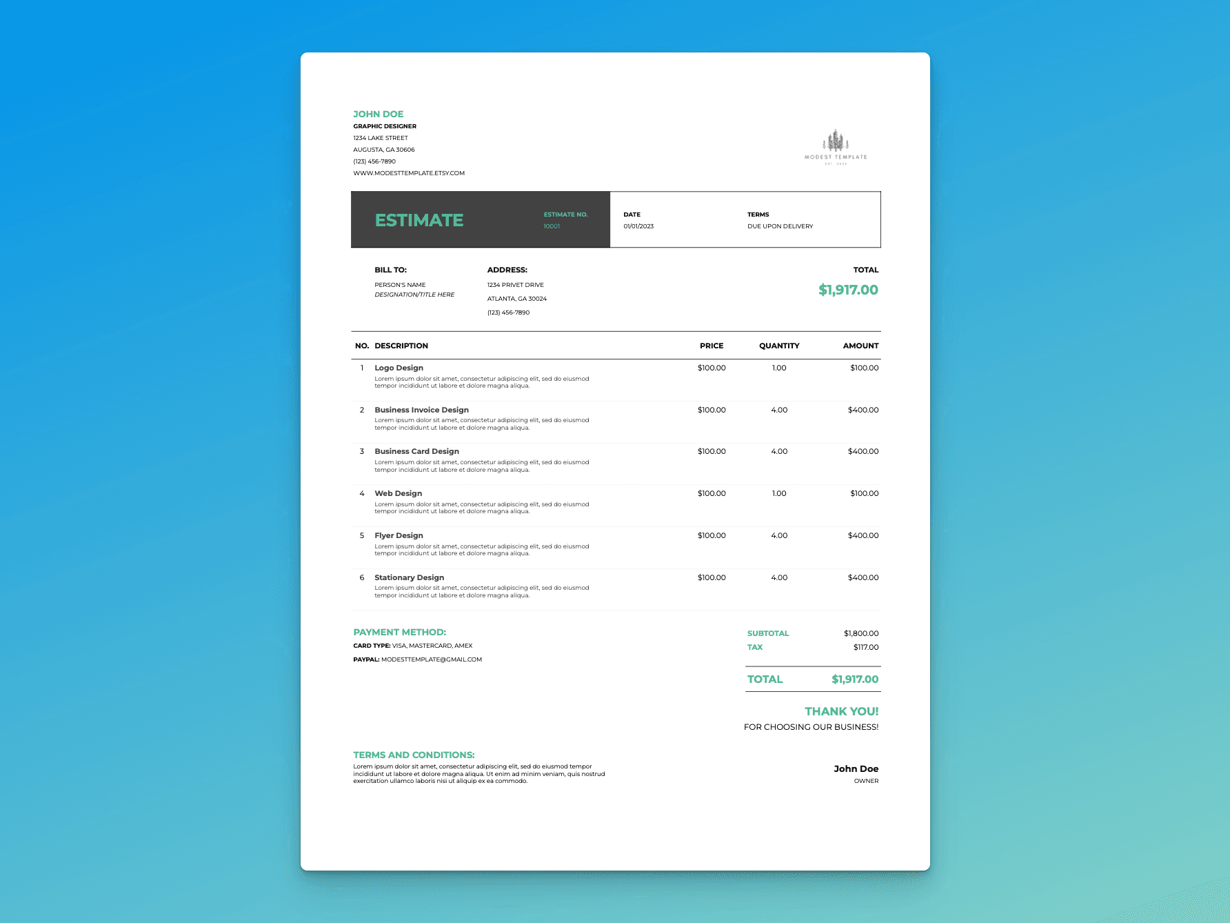 Estimate template displaying itemized services, quantities, and totals with sections for terms, tax, and payment method.