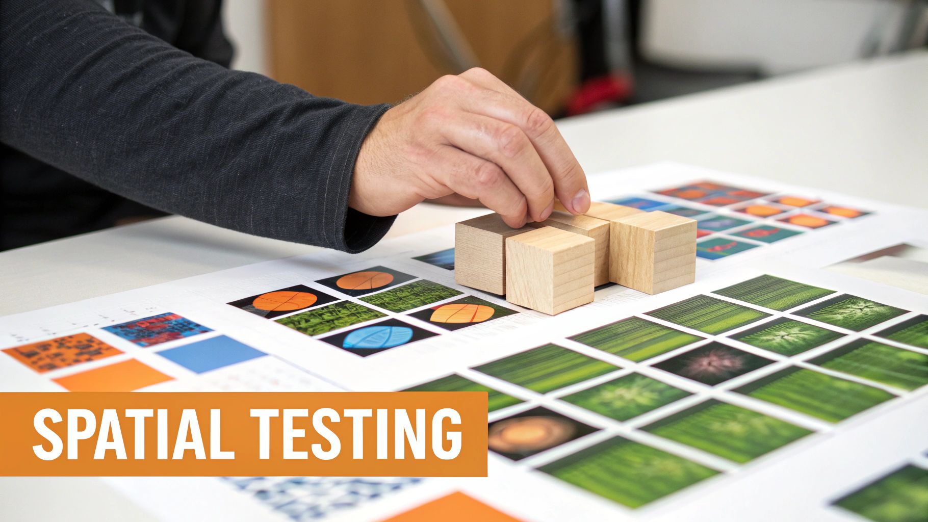 A person's hand arranges wooden blocks on papers displaying various abstract and natural patterns for spatial testing.