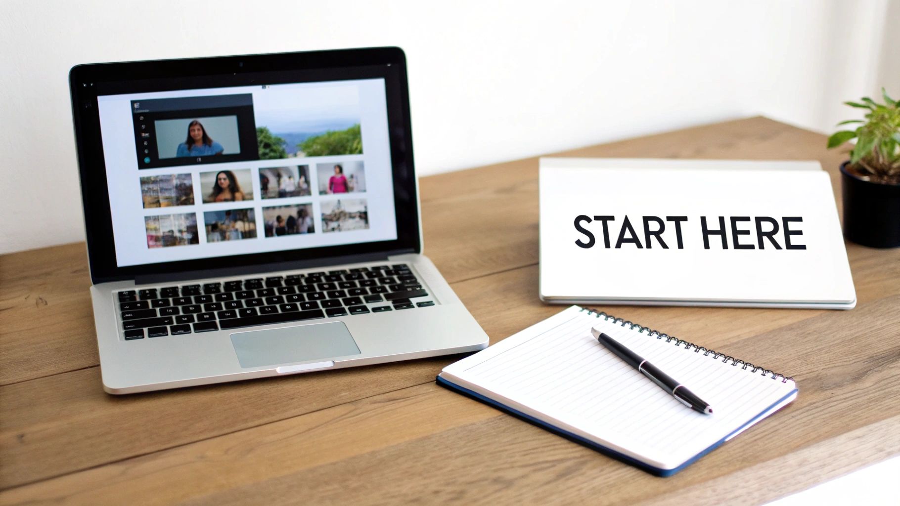 Workspace with a laptop displaying a video conference, a 'START HERE' sign, a notebook, and a pen.