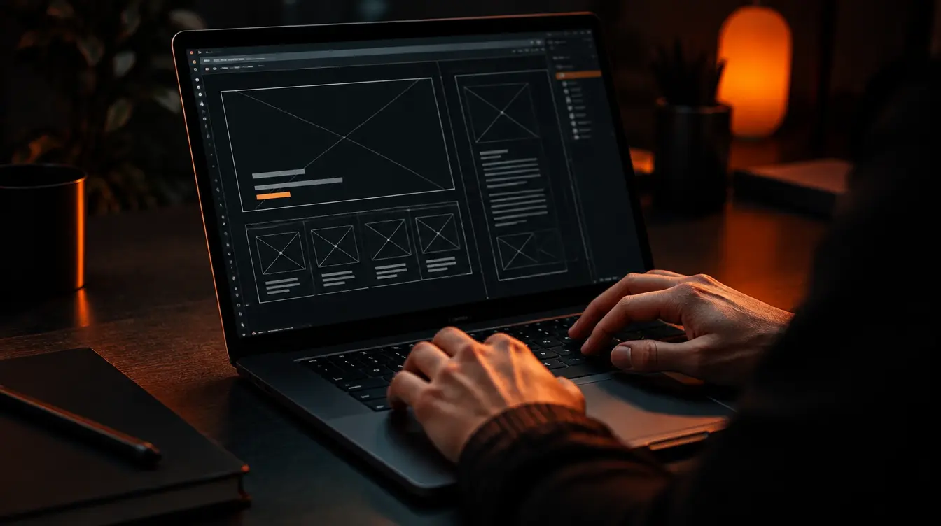 Designer's hands sketching a website wireframe on screen during the web design process