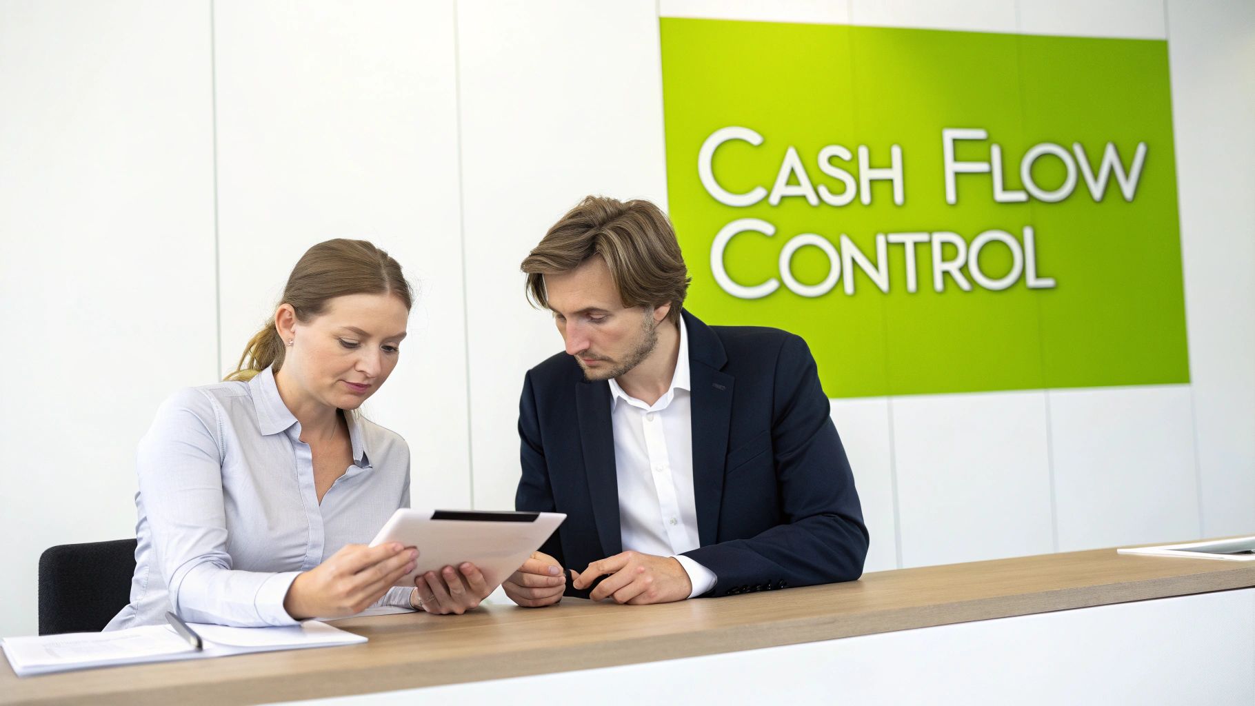 Two professionals discussing cash flow on a tablet, with a 'Cash Flow Control' sign visible.