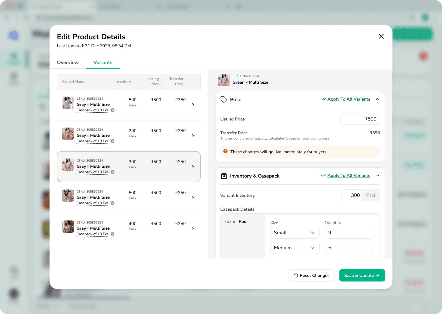 Manage pricing, inventory, and casepack details per variant — with apply-to-all shortcuts for speed.