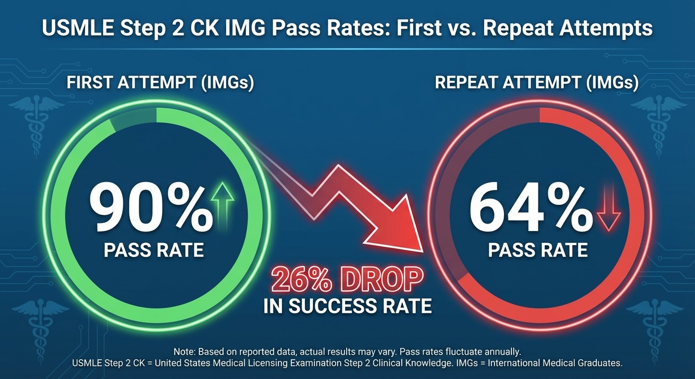 IMG first-attempt vs repeat attempt Step 2 CK pass rates showing 26% success rate drop