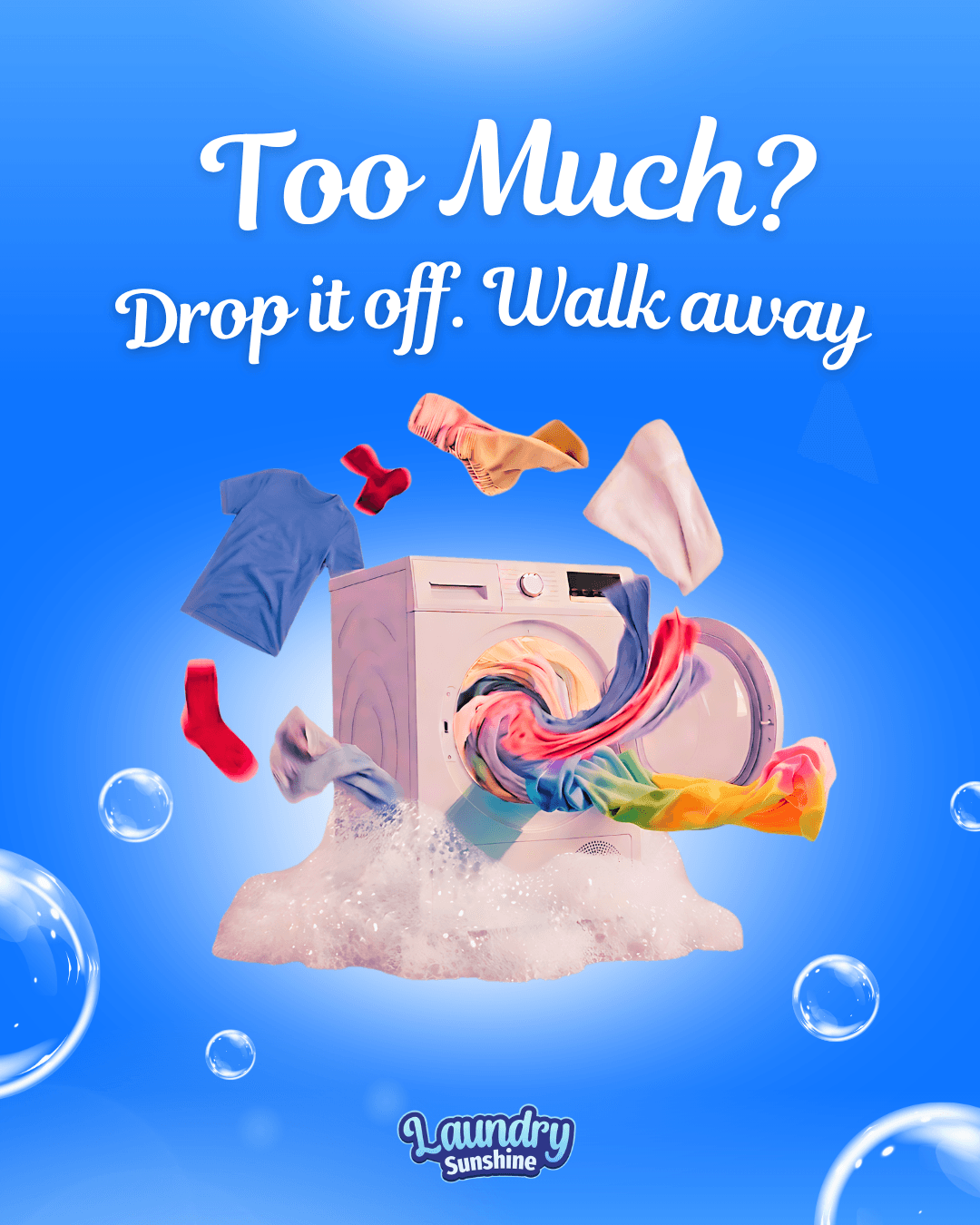 Blue illustrated graphic showing person relaxing with laundry basket promoting drop-off laundry service