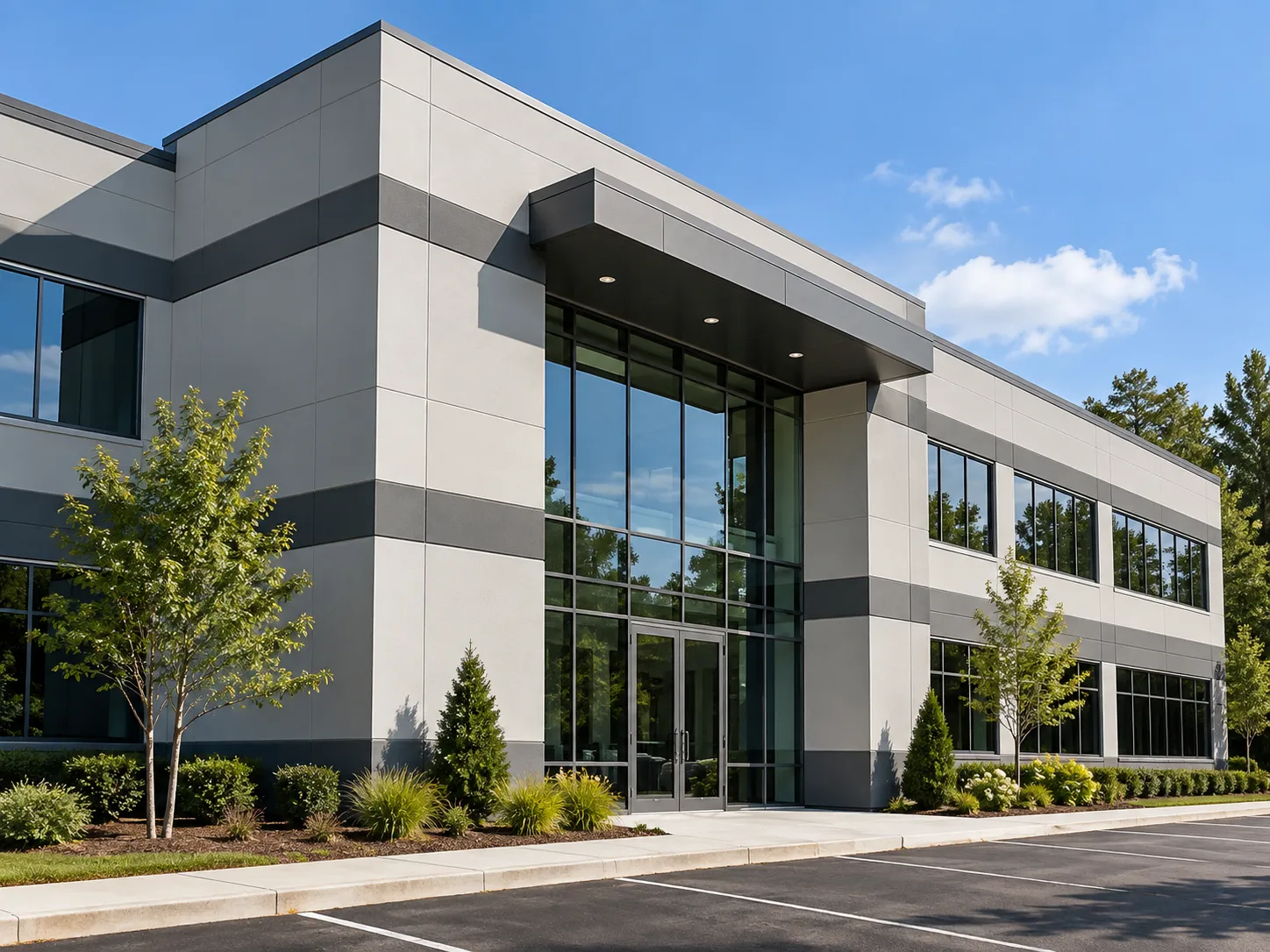 Office building exterior in light gray with charcoal bands