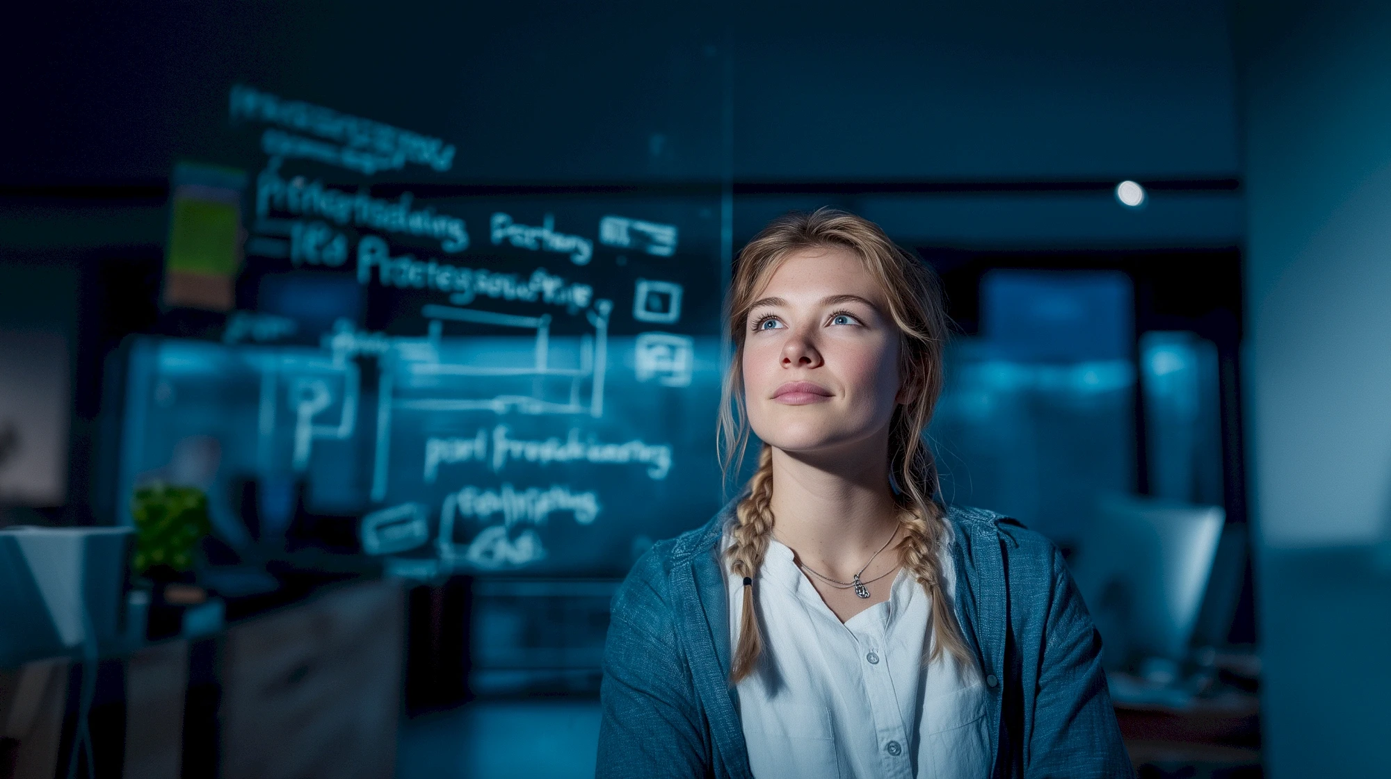 Woman with pigtails gazes upward with a glass wall covered in notes and diagrams in front of her, lit with blue hues.