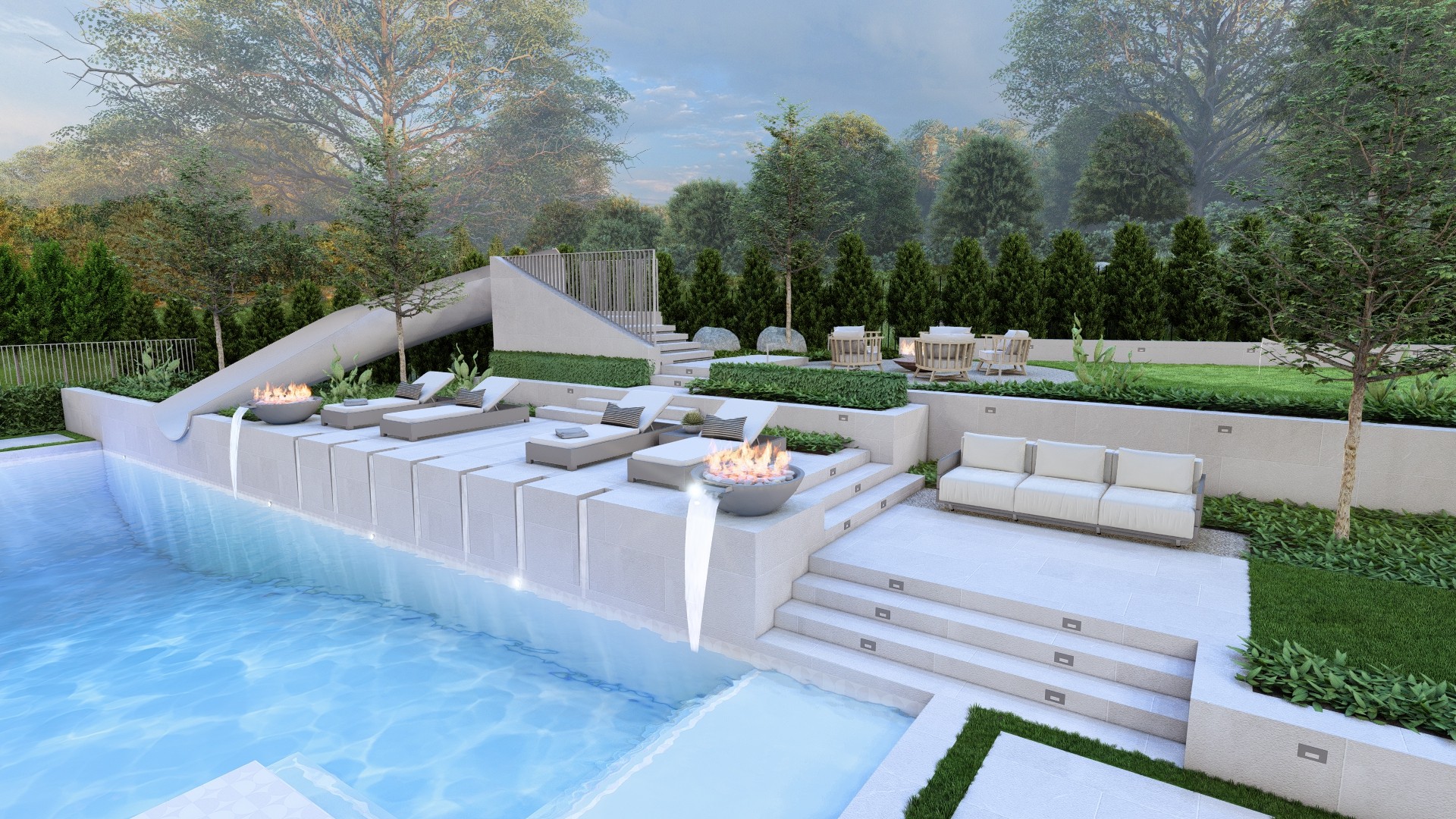 Modern pool design with water slide multiple water features