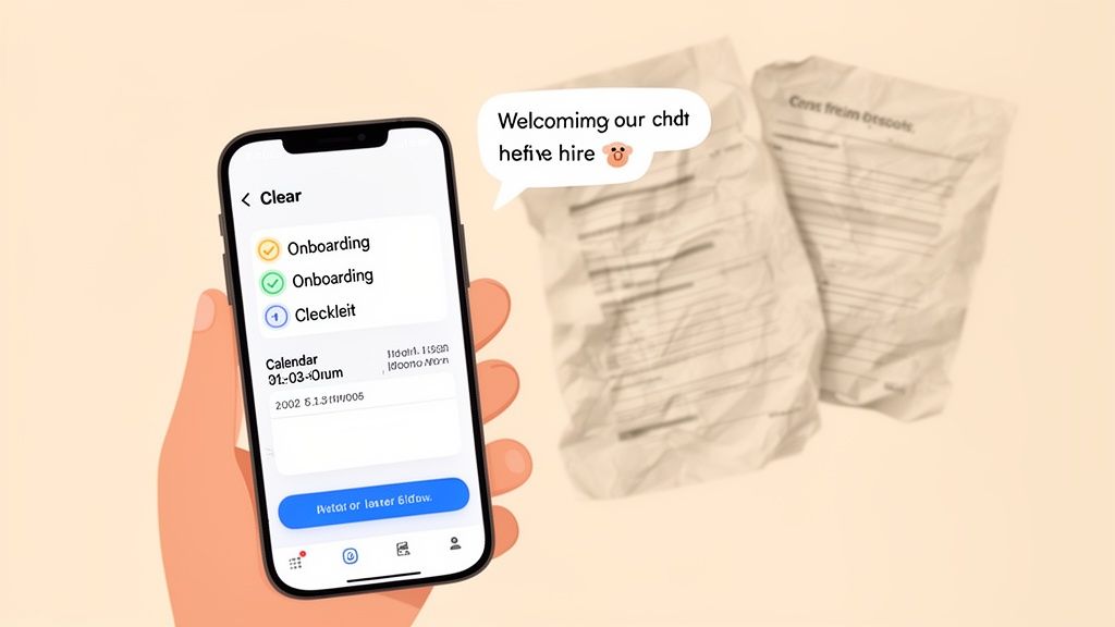 A hand holds a smartphone showing onboarding tasks and a speech bubble welcoming a new hire.
