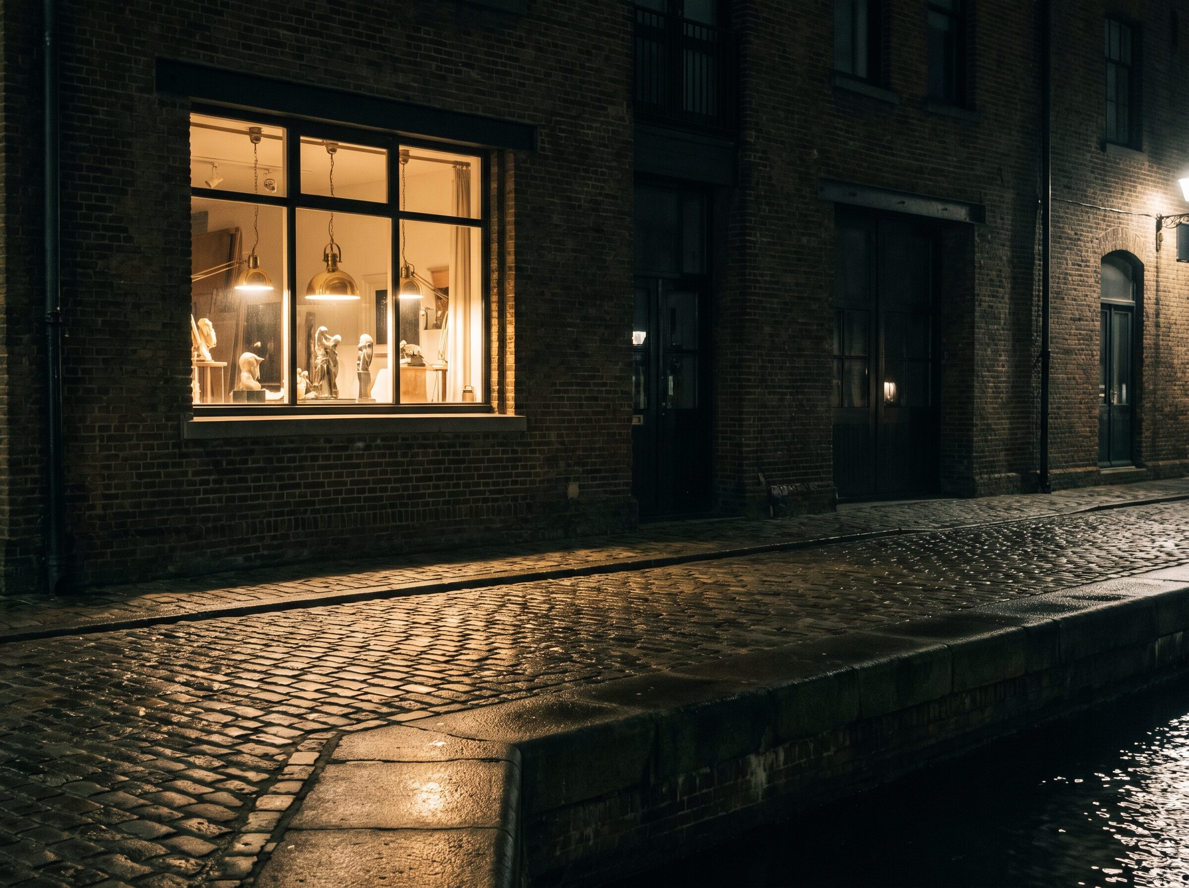 The cobbled street behind the wharf at night