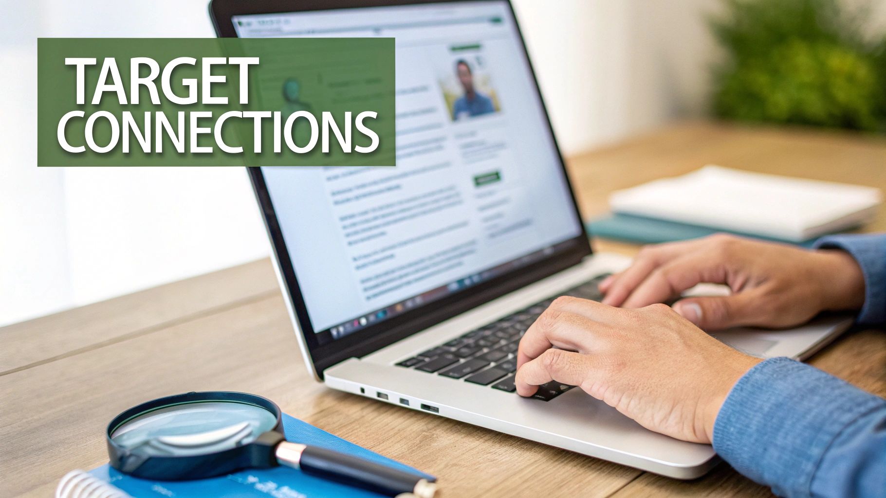 A magnifying glass hovering over a network of professional icons, symbolizing the search for the right connections.