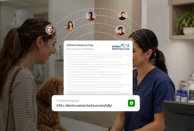 Trusted Hospital connected Seccessfully heading and in background two women talking