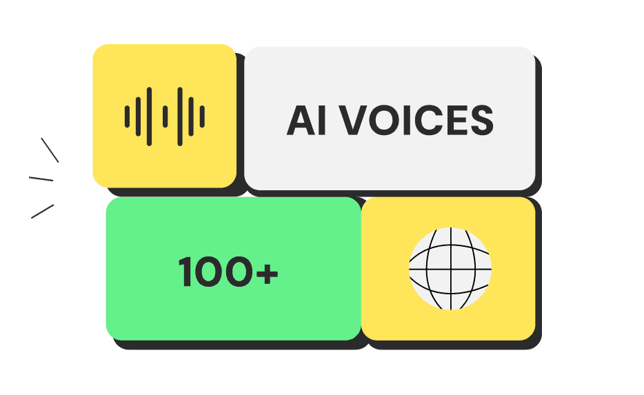 A graphic showing a speech bubble with "AI Voices," illustrating the concept of AI-driven voiceover capabilities.
