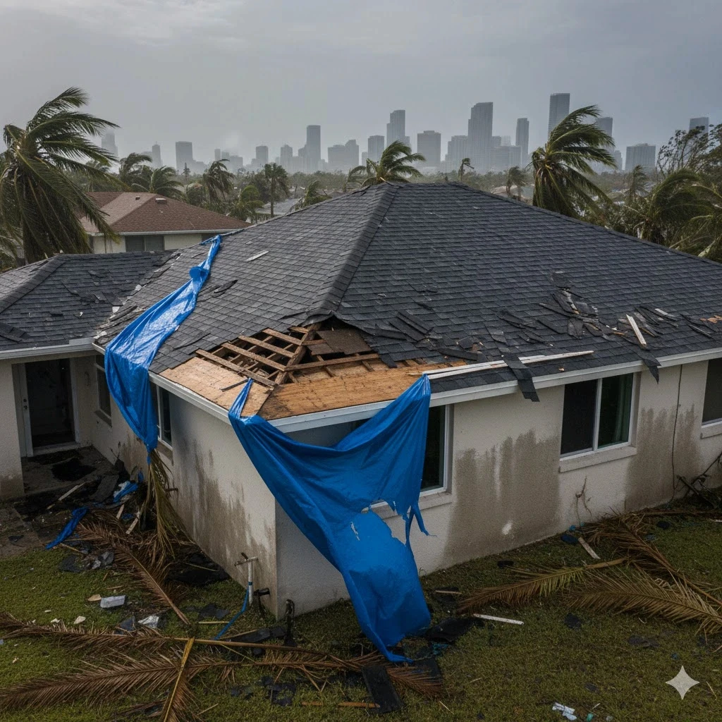 Common storm damage needing emergency roof repairs in Miami.