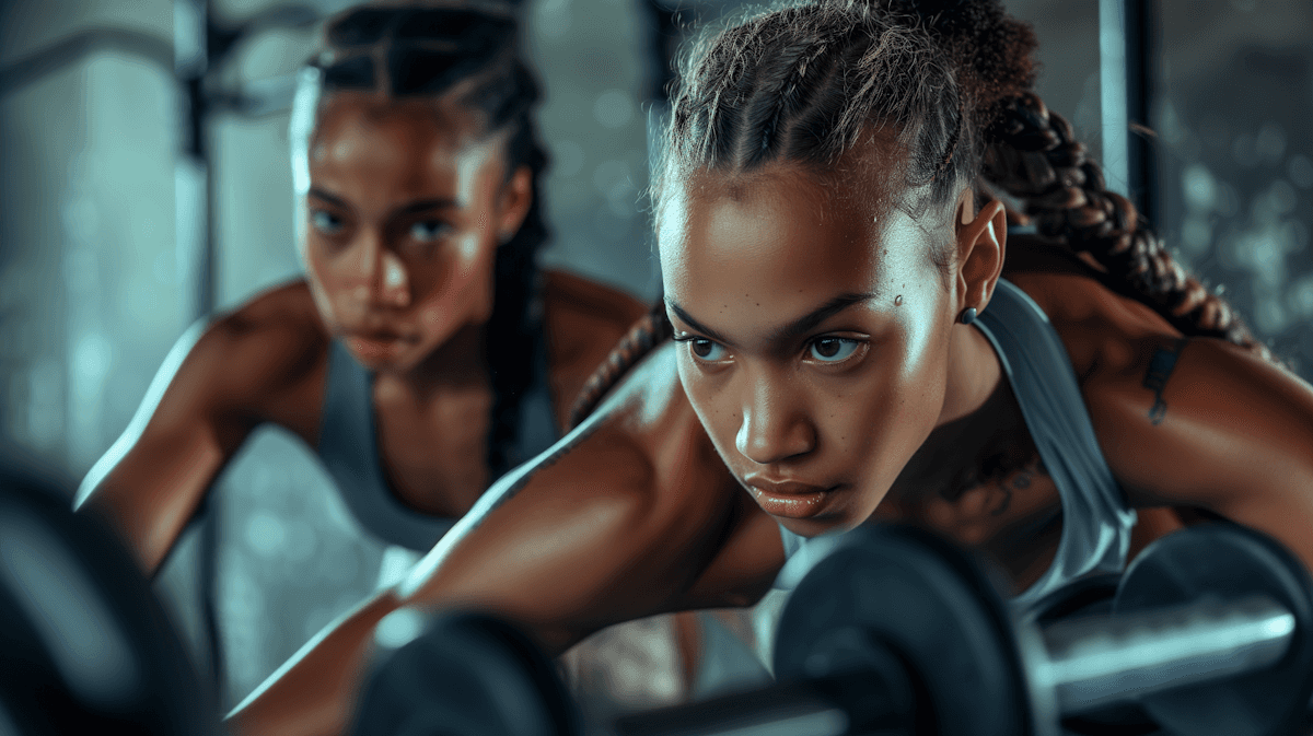 Intense woman with braided hair gripping dumbbells during workout with another woman in background.