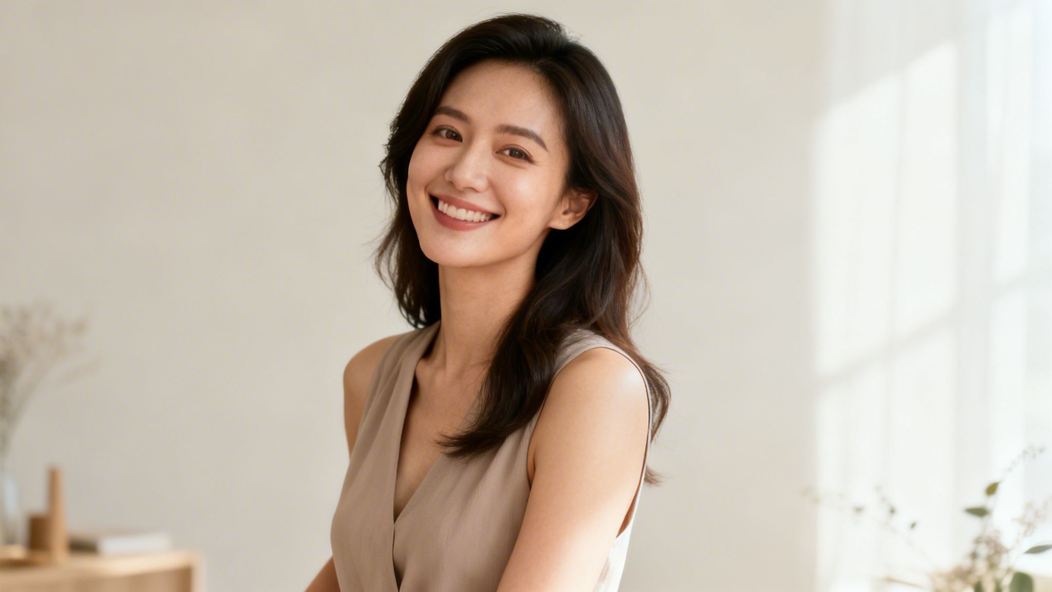 Lachende asiatische Frau mit langen dunklen Haaren in beigefarbenem Oberteil, lächelt freundlich in einem hellen Raum.