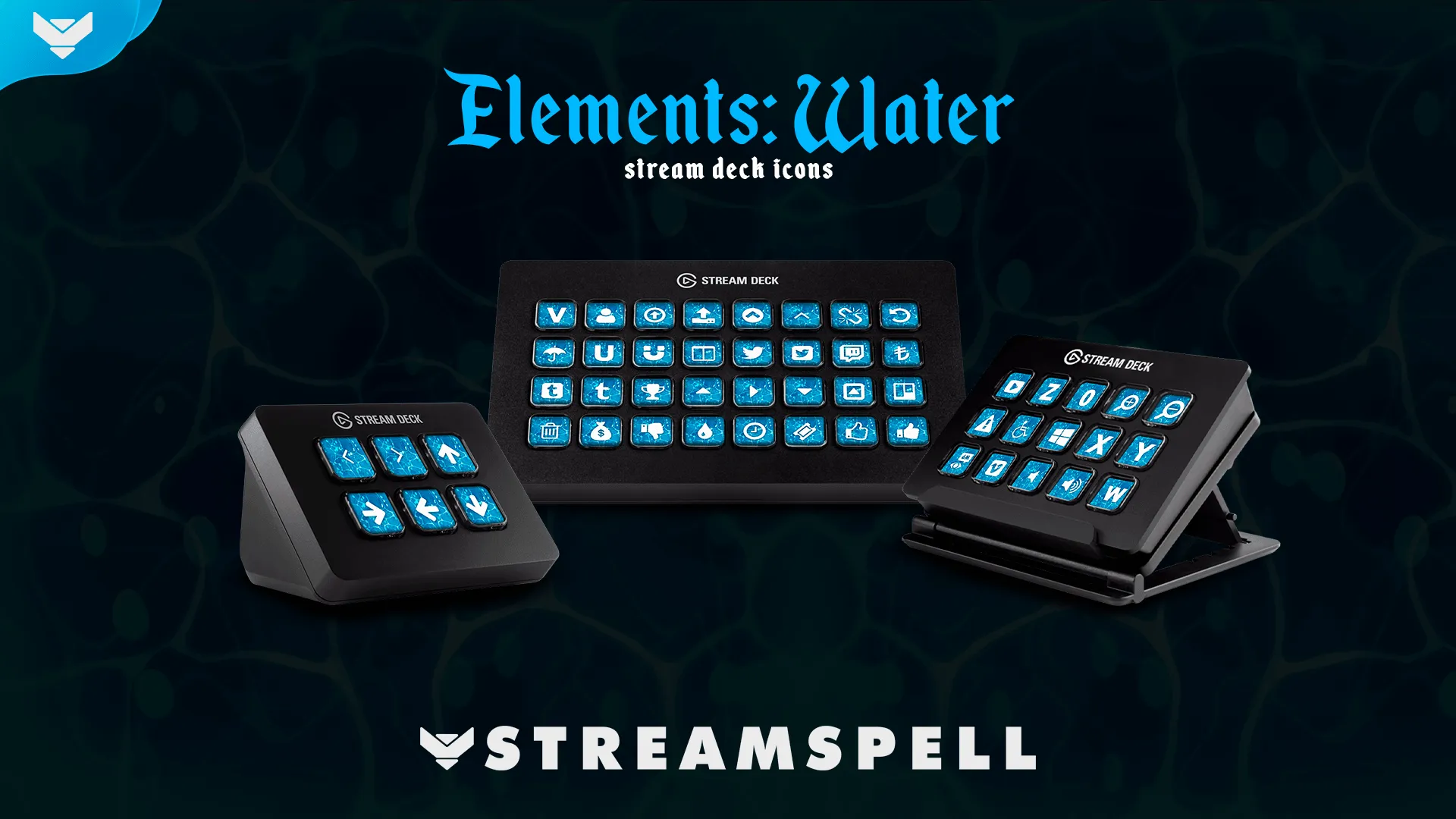 Elements: Water Stream Deck Icons displayed across three Stream Deck devices, featuring 400 blue water-themed icons for streaming controls.