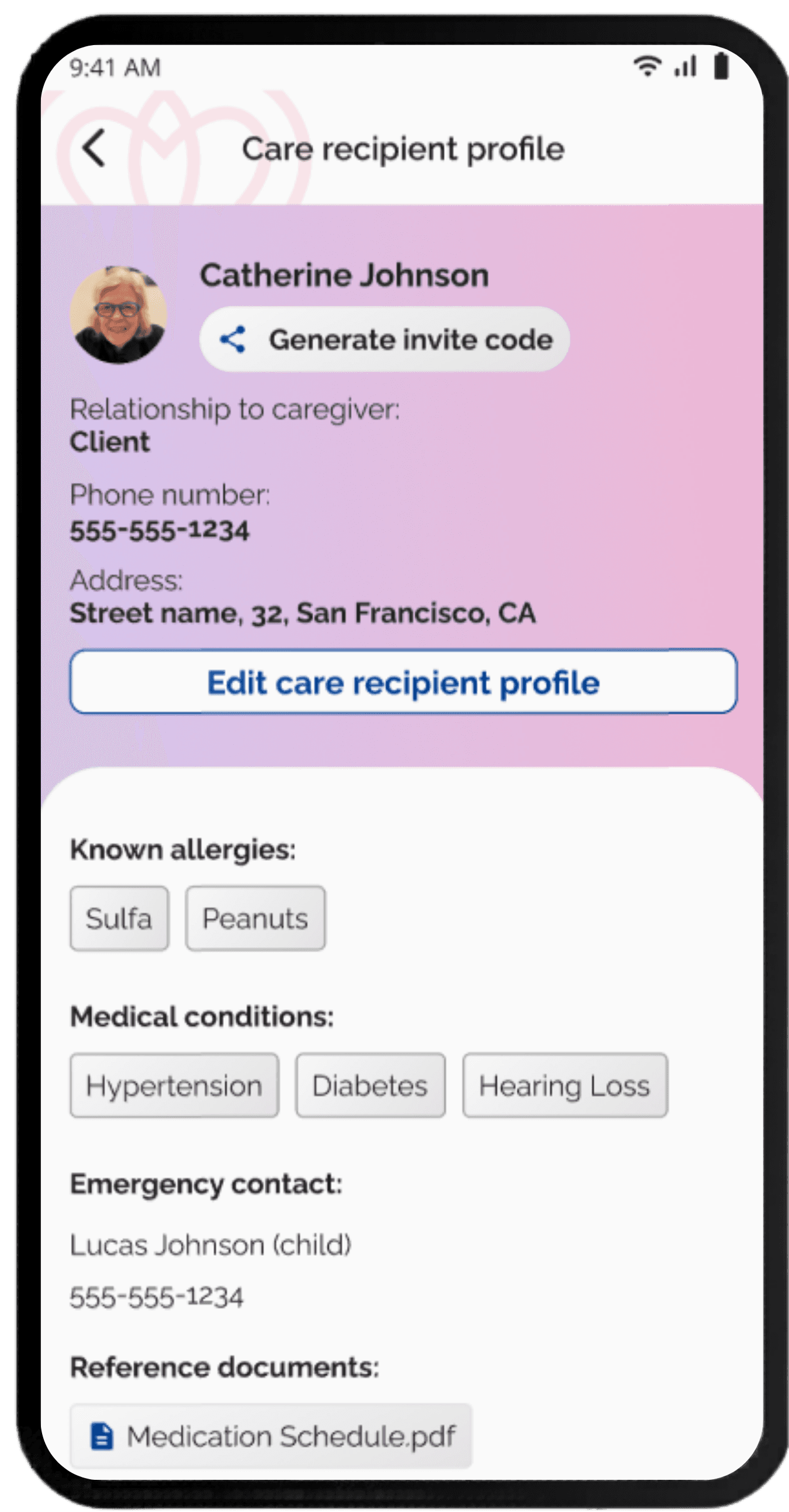 Carespondence app showing a care recipient profile for Catherine Johnson with relationship, contact details, known allergies, medical conditions, emergency contact, and an attached reference document.
