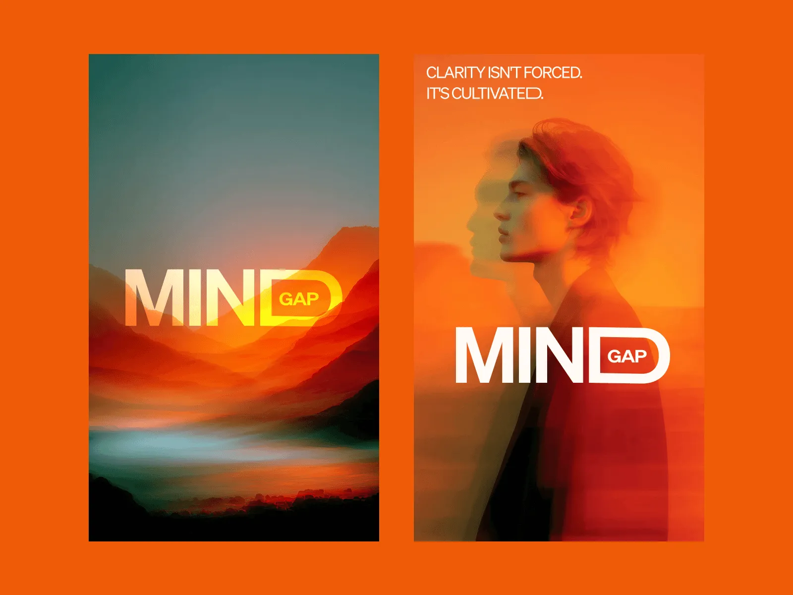 A split image featuring abstract landscapes and a profile with vibrant orange and blue hues, emphasizing the word "MIND."