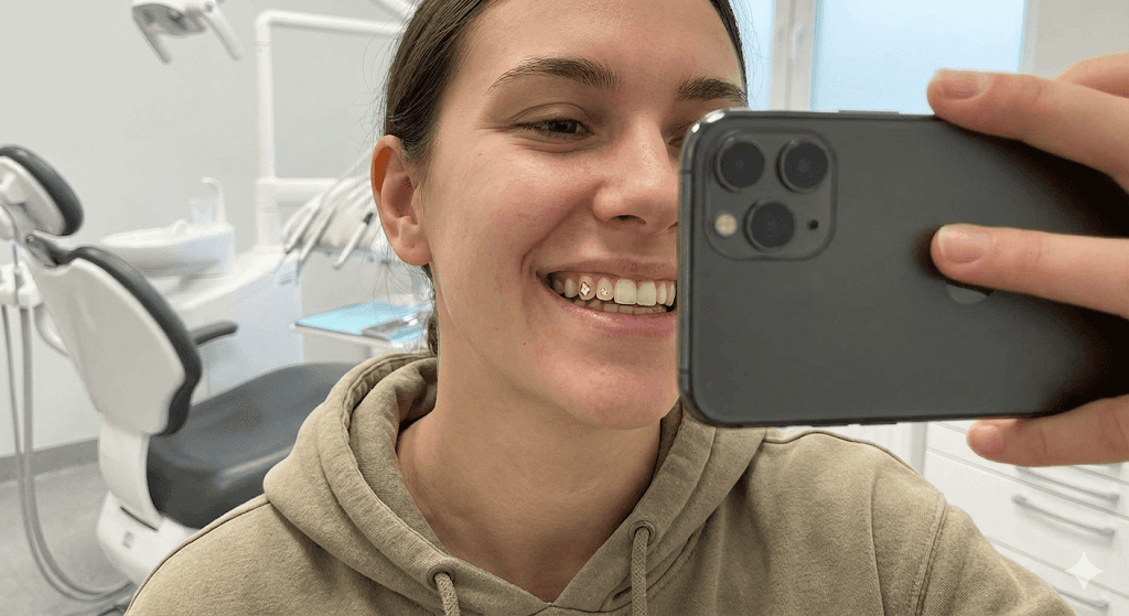 A happy young patient taking a "smile selfie" to show off their new tooth sparkling with a gem.