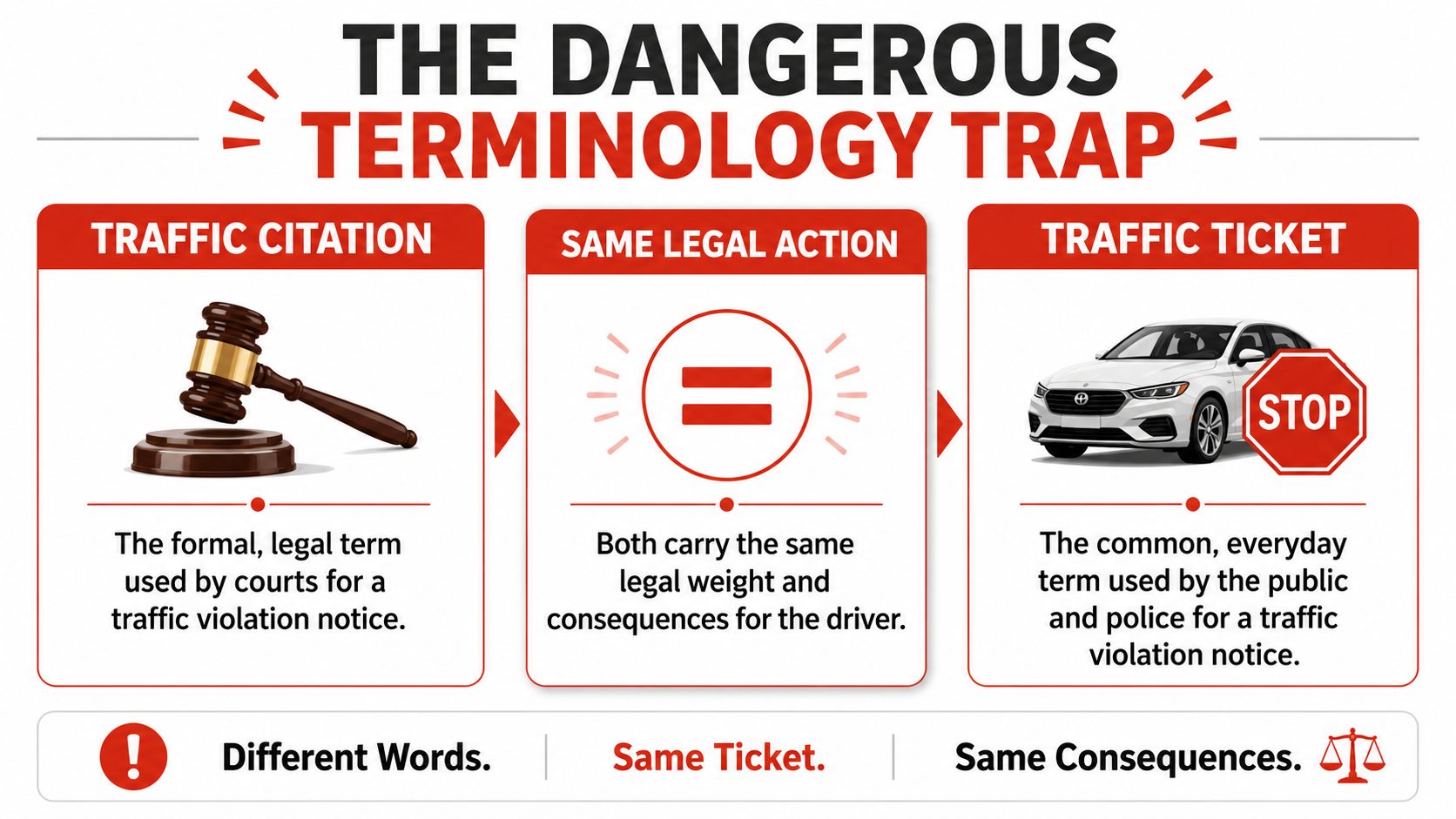An infographic explaining that a traffic citation and a traffic ticket carry the same legal consequences.