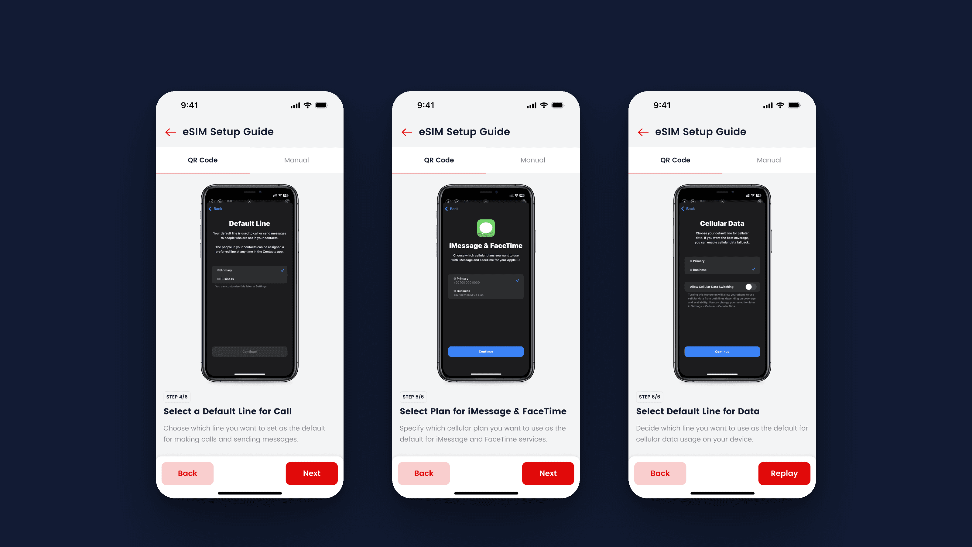 Steps four to six: the default line for calls, the plan for iMessage and FaceTime, and the line for mobile data