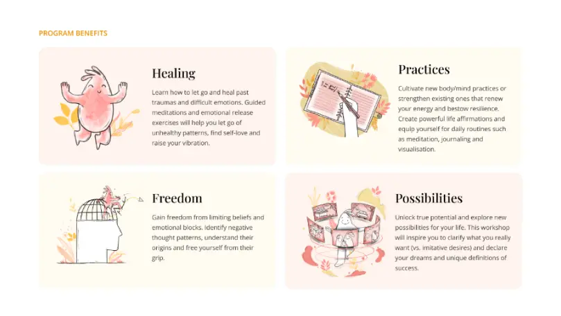 Program benefits section from Amaidhi, designed by One Craft, featuring custom illustrations representing healing, mindfulness practices, freedom from emotional blocks, and unlocking life possibilities