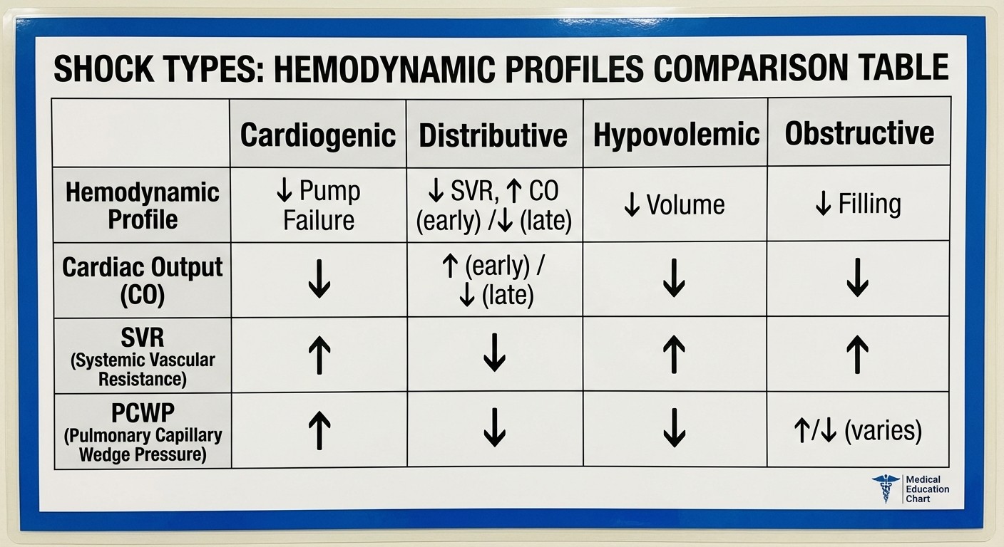 Shock types hemodynamic profiles comparison chart for USMLE Step 2 CK