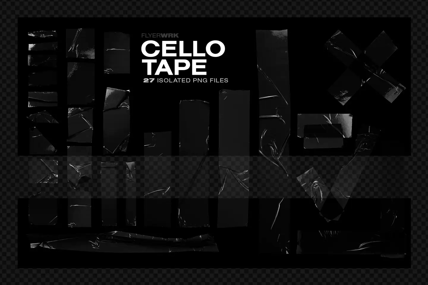 Isolated Adhesive Tape Pieces featuring twenty seven transparent cello tape PNG files with realistic wrinkled textures