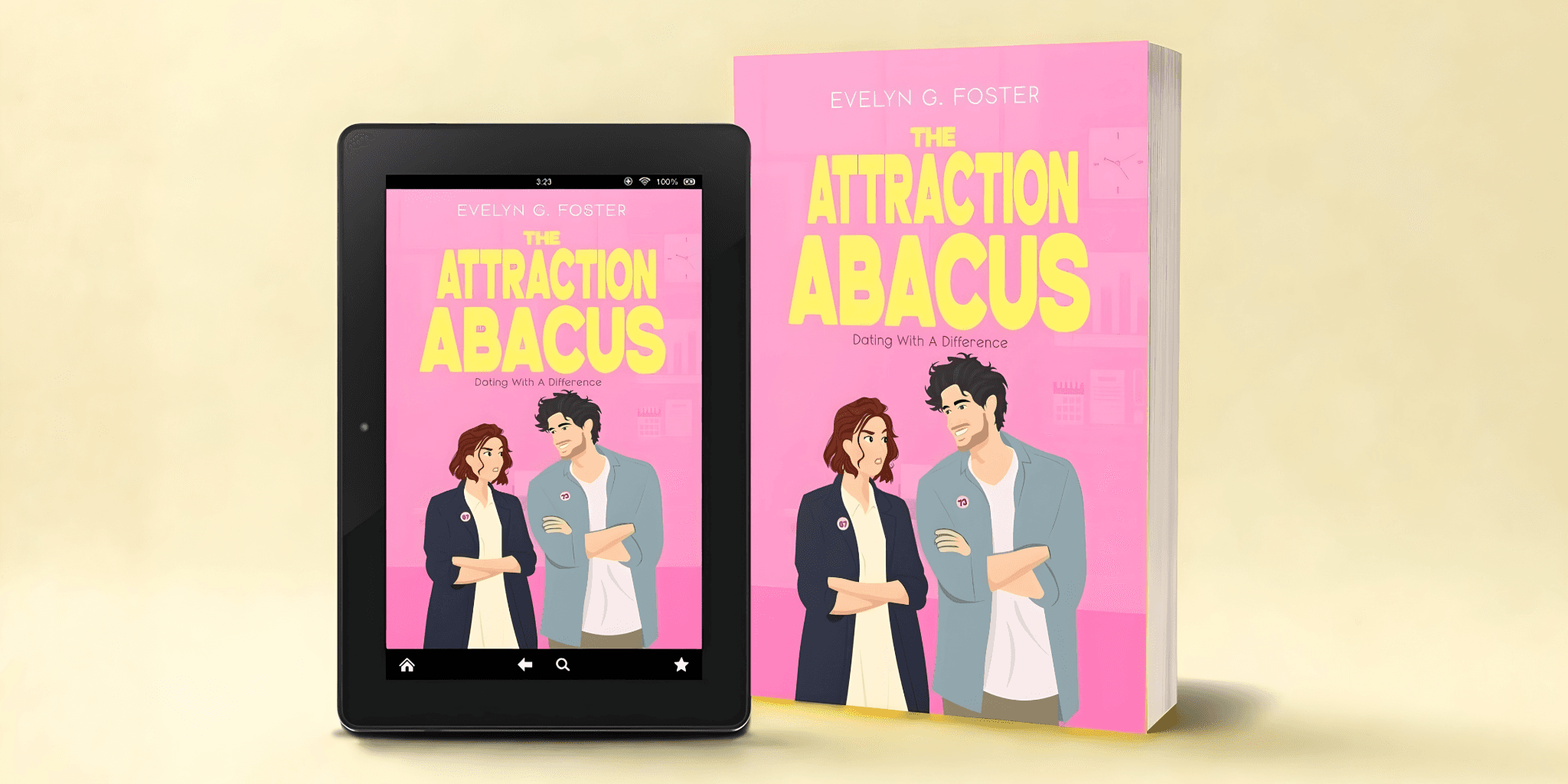 The Attraction Abacus book cover featuring characters from the novel, available in both digital and print formats.