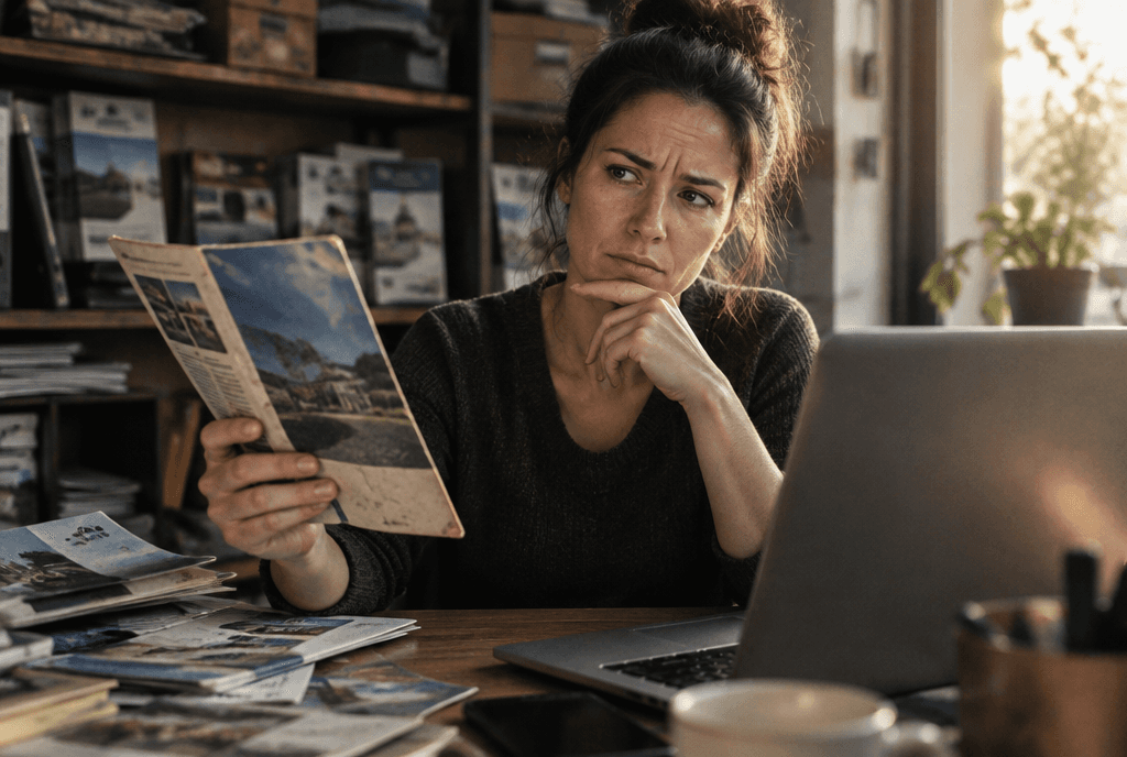 Business owner holding an old printed brochure next to a laptop with a skeptical look