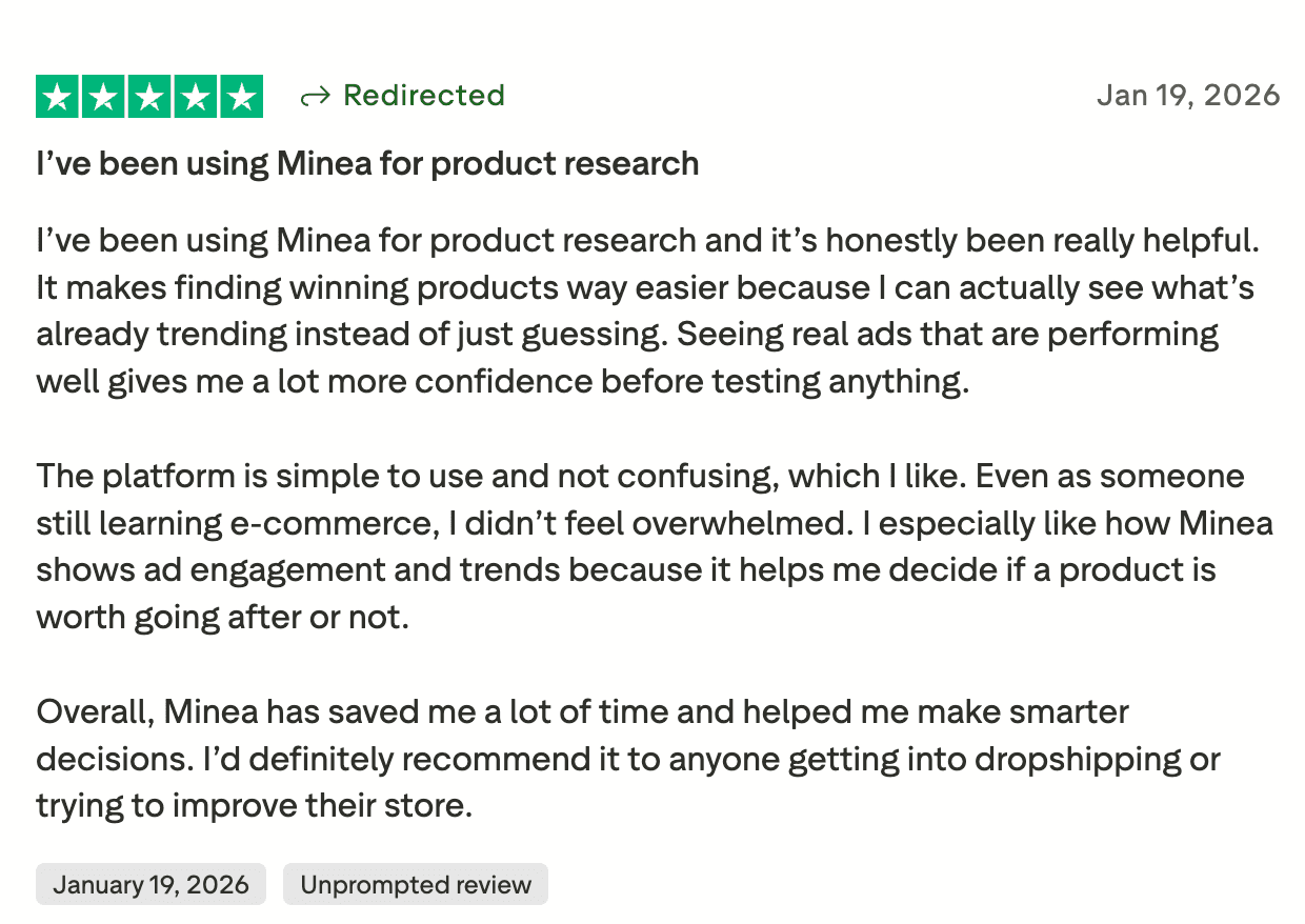 Minea review about product research and finding trending ads