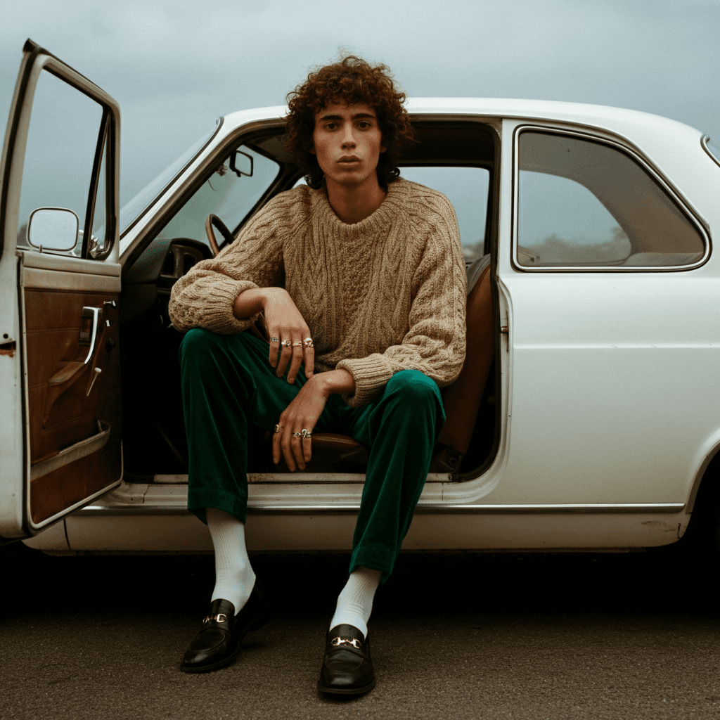 cool image of a guy posing in a vintage car