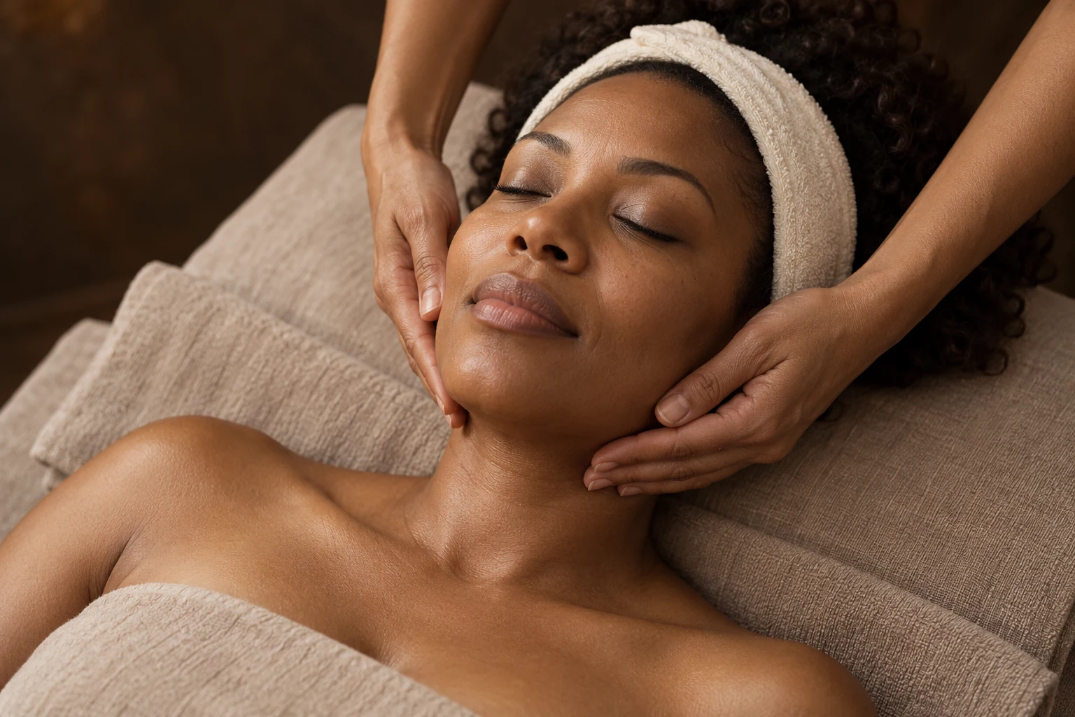 A woman resting with her eyes closed during a gentle facial massage