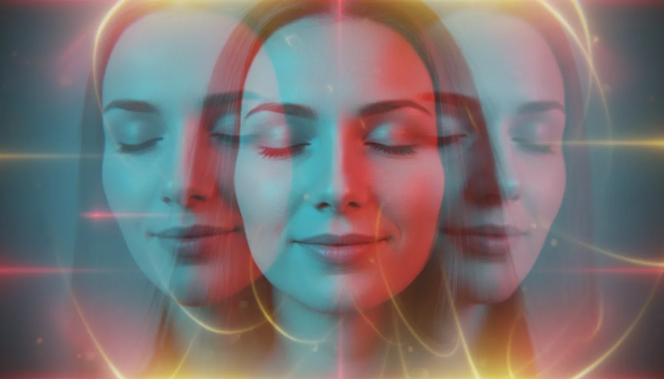 Close-up DSLR artistic portrait of a woman's serene face, cinematic contrast lighting, ethereal and dreamlike atmosphere. The scene is illuminated by vibrant duotone color gels; one side of her face is cast in a cool cyan-blue light, while the other is warmed by a rich red and orange glow. The image features a subtle double exposure effect with soft, hazy motion blur and semi-transparent ghosting. Warm yellow and red light leaks and soft lens flares create a shallow depth of field and an abstract, blurry foreground.