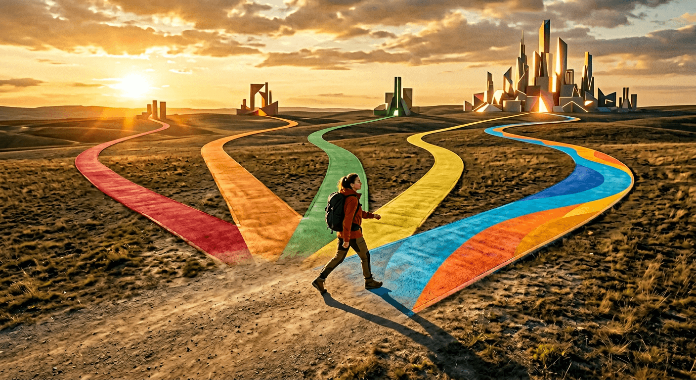 Person choosing between multiple colorful branching pathways, stepping confidently onto the widest path toward a distinct destination