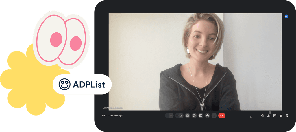 Image of myself in a mentorship session with the ADPList logo and fun stickers around it.