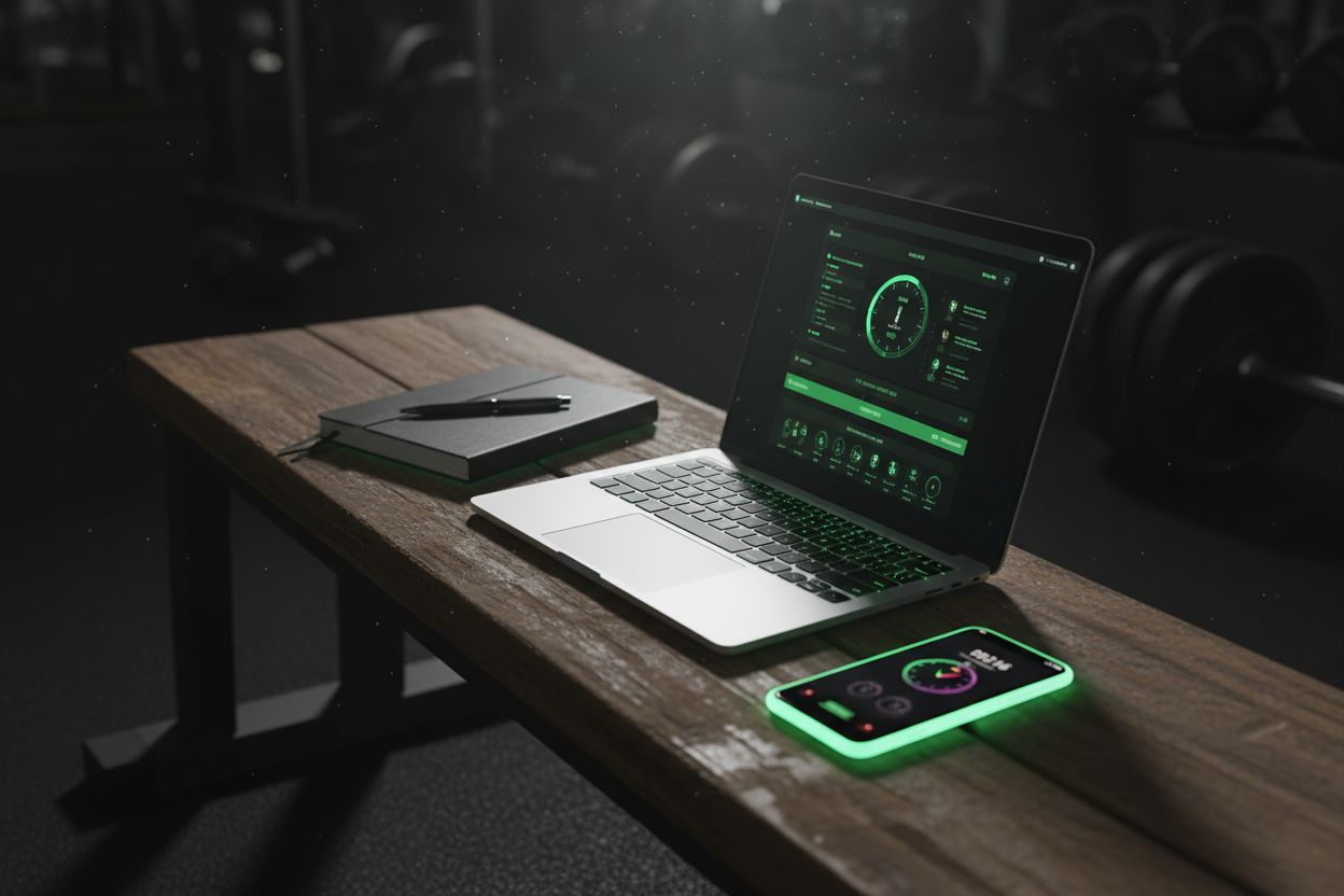 Smartphone, notebook, and laptop on a gym bench