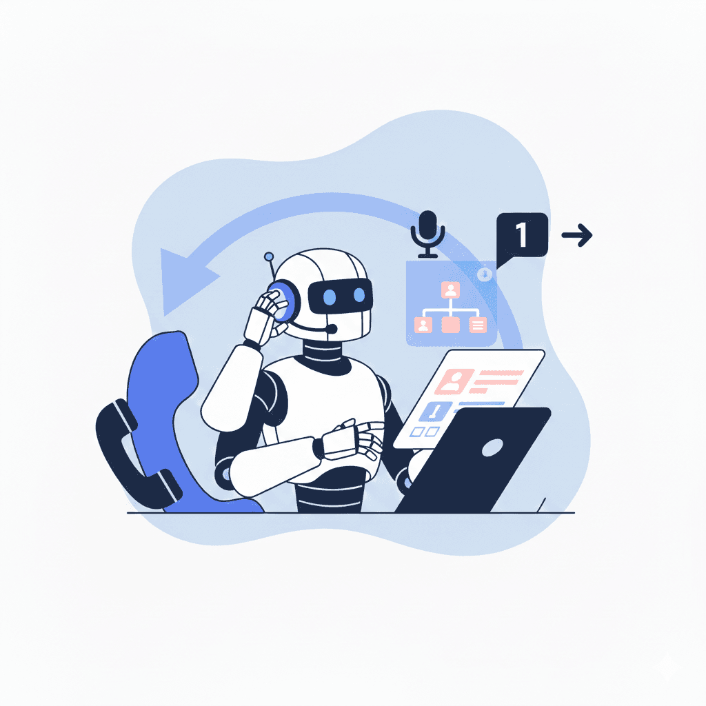 Robot next to a laptop illustrating the Auto-Attendant feature.