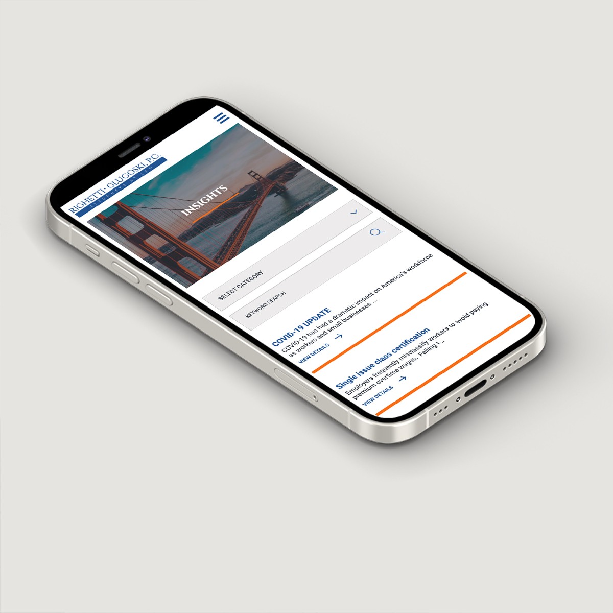 Mobile phone mockup displaying the Righetti Glugoski P.C. law firm website insights page with modern layout.