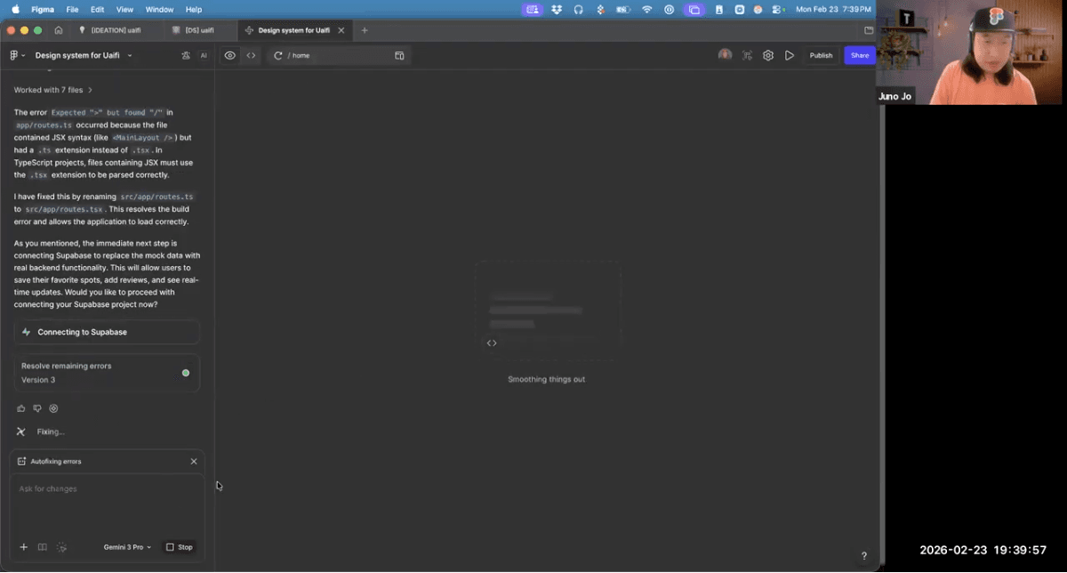 Figma Make processando: conexão com Supabase, autocorreção de bugs, e guidelines sendo aplicadas.